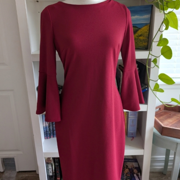 Calvin Klein Bell Sleeve Sheath Dress | Size 4 | Burgundy Red - Picture 7 of 10